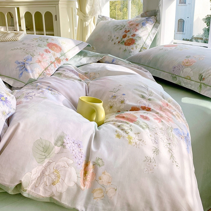 91家纺网 家纺一手货源 找家纺 星期三家纺 2026款1月新款铂金全棉13372四件套 星野花语-绿