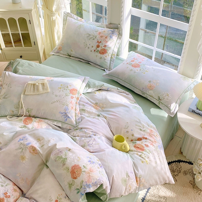 91家纺网 家纺一手货源 找家纺 星期三家纺 2026款1月新款铂金全棉13372四件套 星野花语-绿