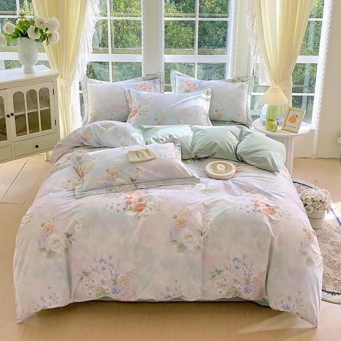 91家纺网 家纺一手货源 找家纺 星期三家纺 2026款1月新款铂金全棉13372四件套 星野花语-绿