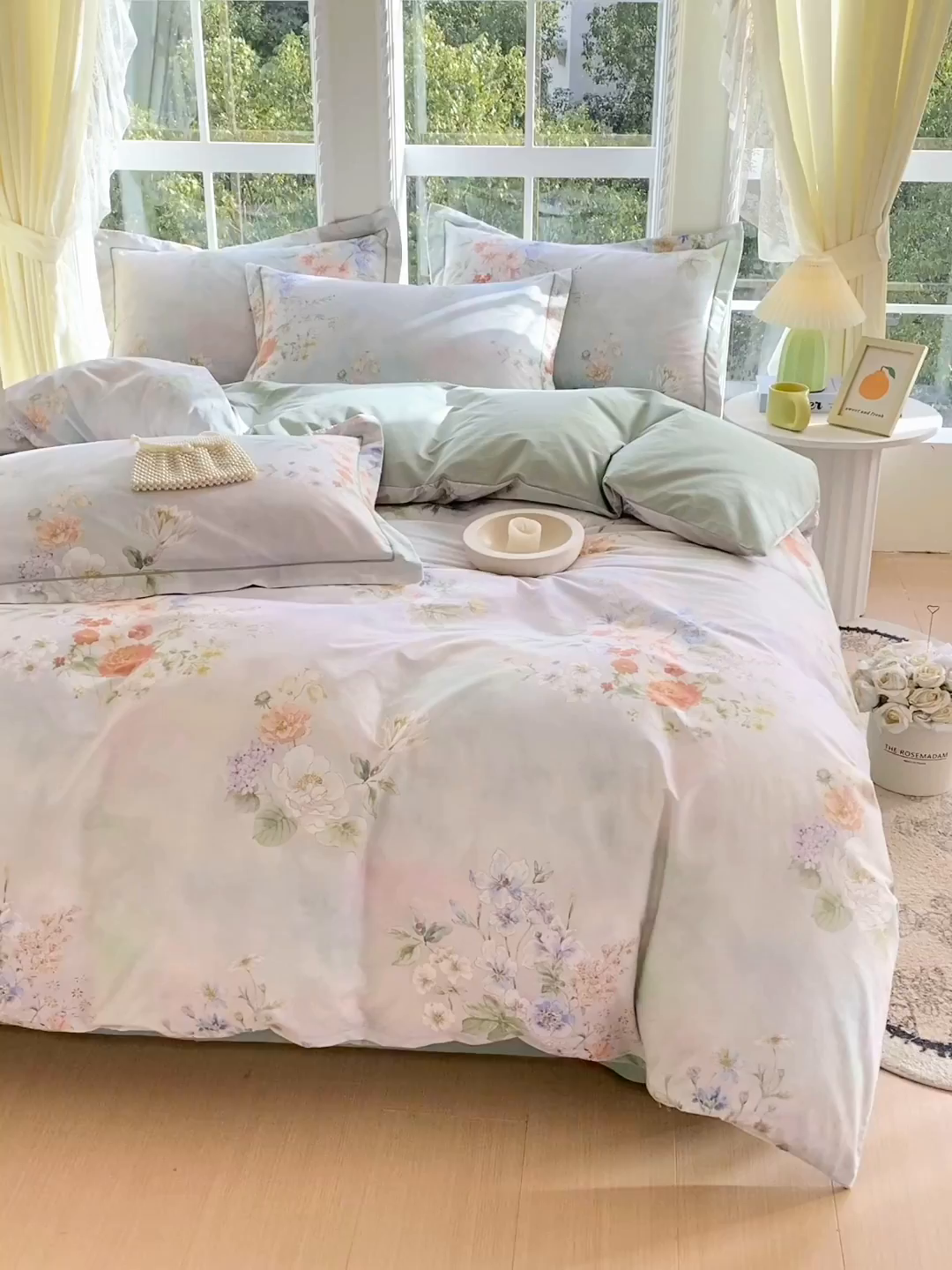 91家纺网 家纺一手货源 找家纺 星期三家纺 2026款1月新款铂金全棉13372四件套 星野花语-绿