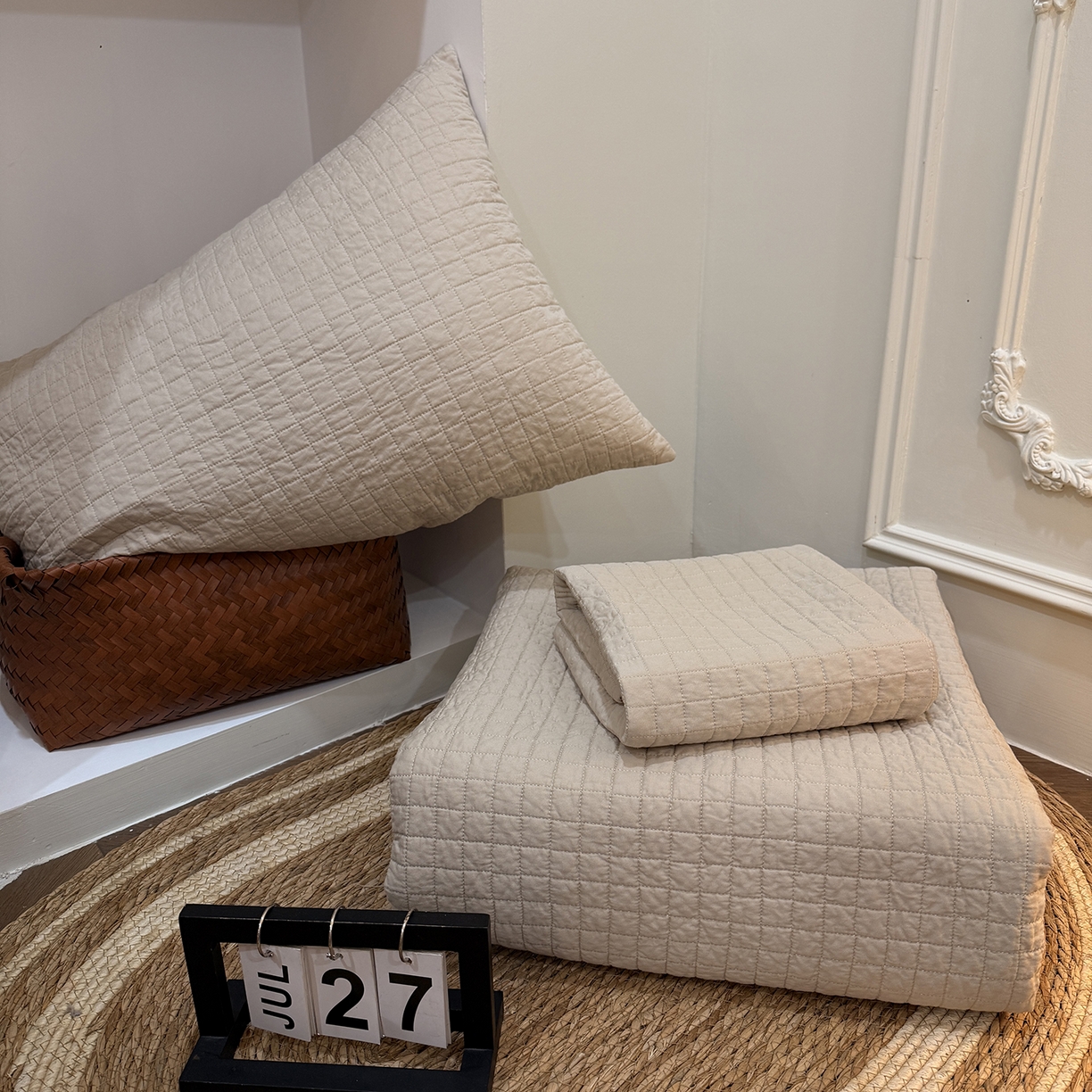 91家纺网 家纺一手货源 找家纺 床盖工厂店 2026新款双面全棉填充棉花面包格床盖三件套 面包格-卡其