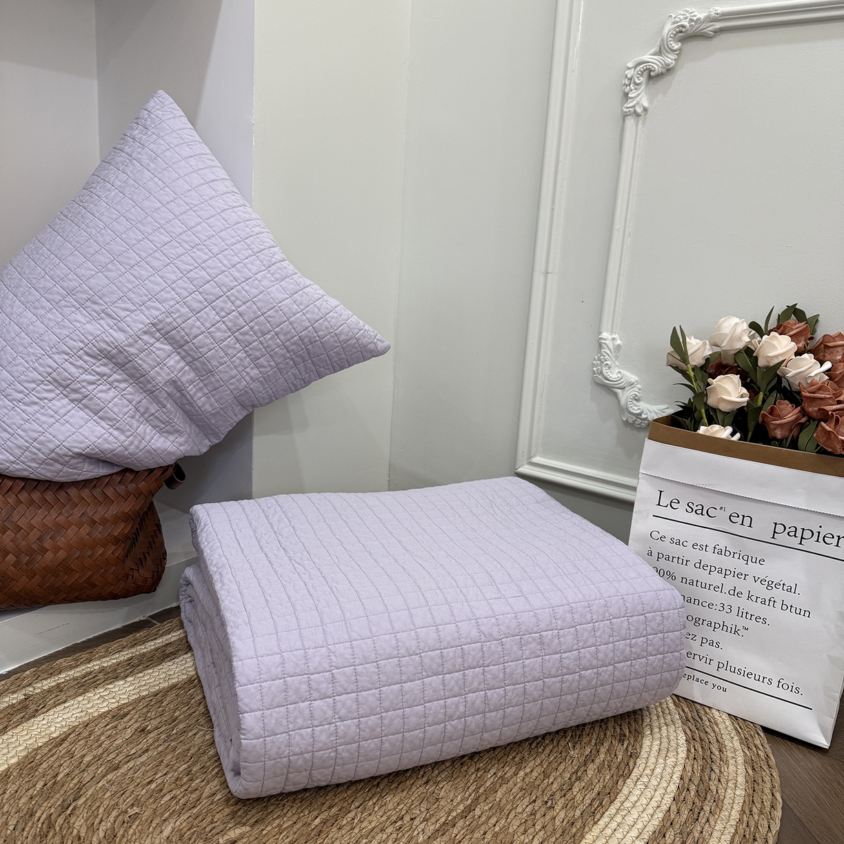 91家纺网 家纺一手货源 找家纺 床盖工厂店 2026新款双面全棉填充棉花面包格床盖三件套 面包格-千叶紫