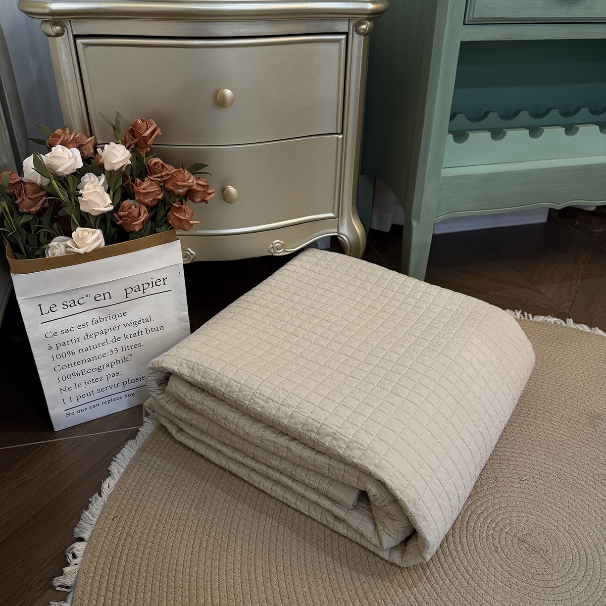 91家纺网 家纺一手货源 找家纺 床盖工厂店 2026新款双面全棉填充棉花面包格床盖三件套 面包格-卡其