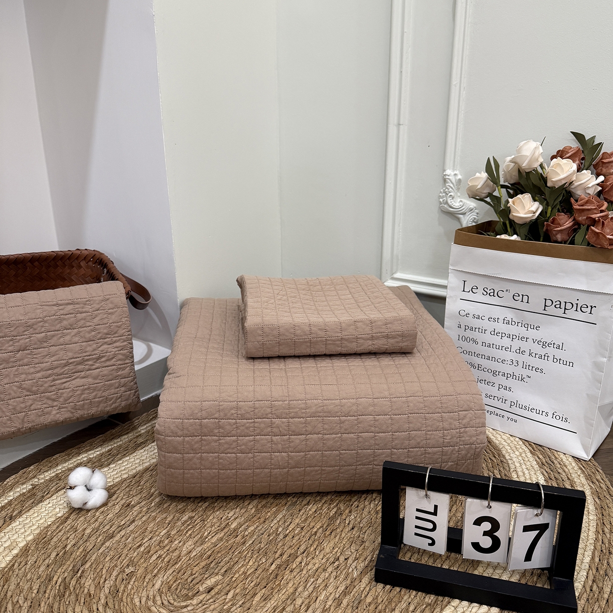 91家纺网 家纺一手货源 找家纺 床盖工厂店 2026新款双面全棉填充棉花面包格床盖三件套 面包格-深咖