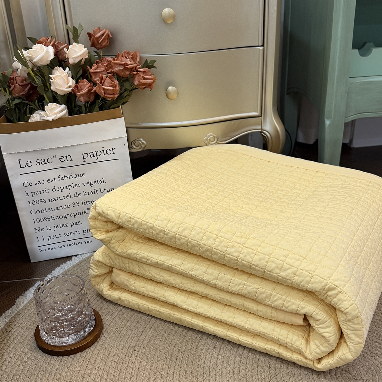 91家纺网 家纺一手货源 找家纺 床盖工厂店 2026新款双面全棉填充棉花面包格床盖三件套 面包格-米黄