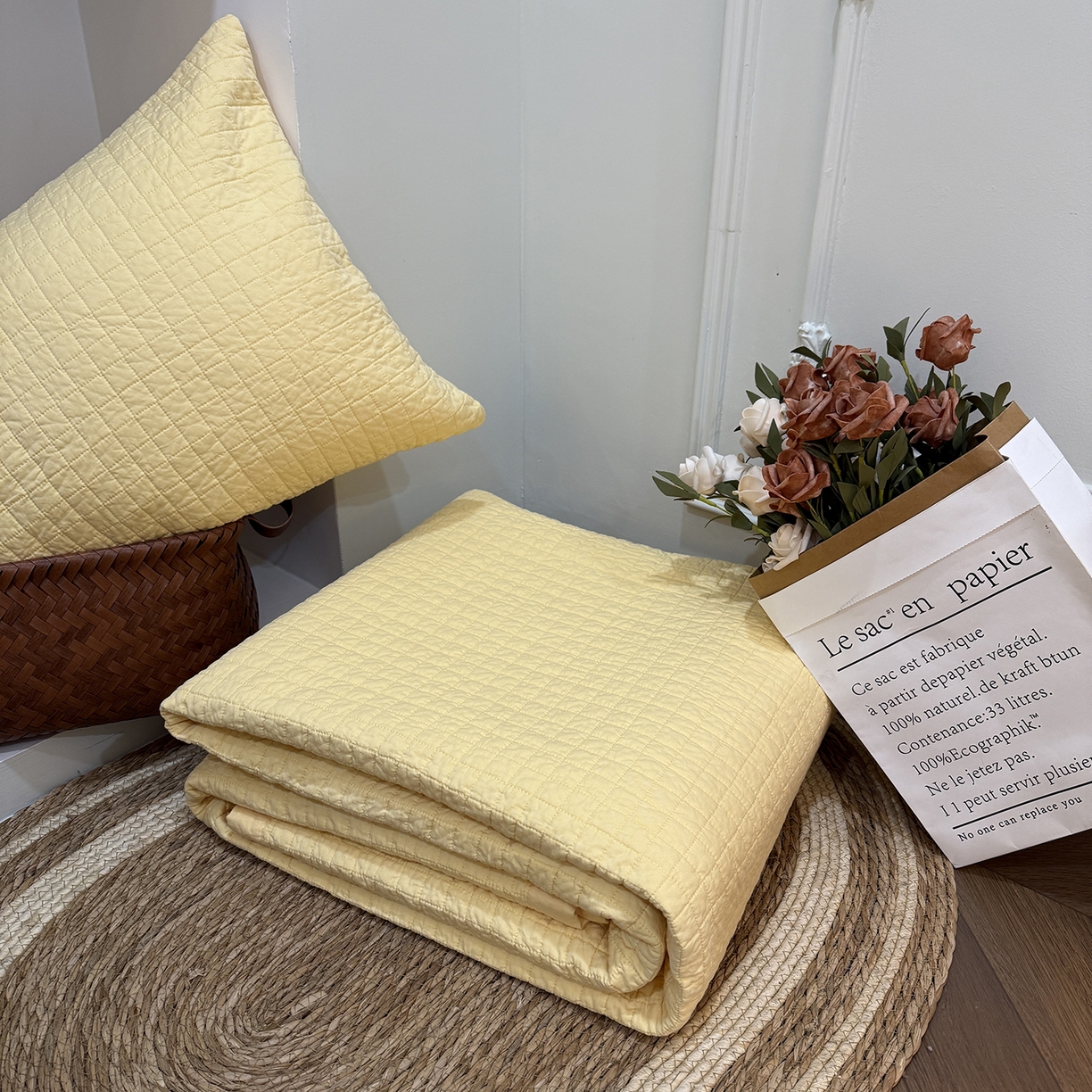 91家纺网 家纺一手货源 找家纺 床盖工厂店 2026新款双面全棉填充棉花面包格床盖三件套 面包格-米黄