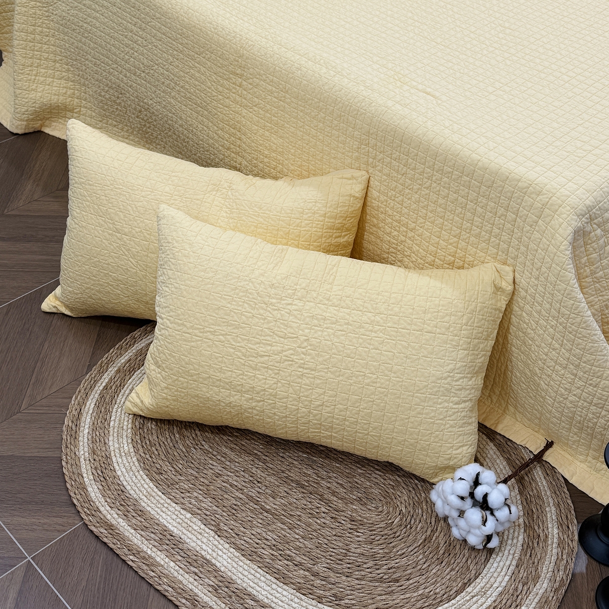 91家纺网 家纺一手货源 找家纺 床盖工厂店 2026新款双面全棉填充棉花面包格床盖三件套 面包格-米黄