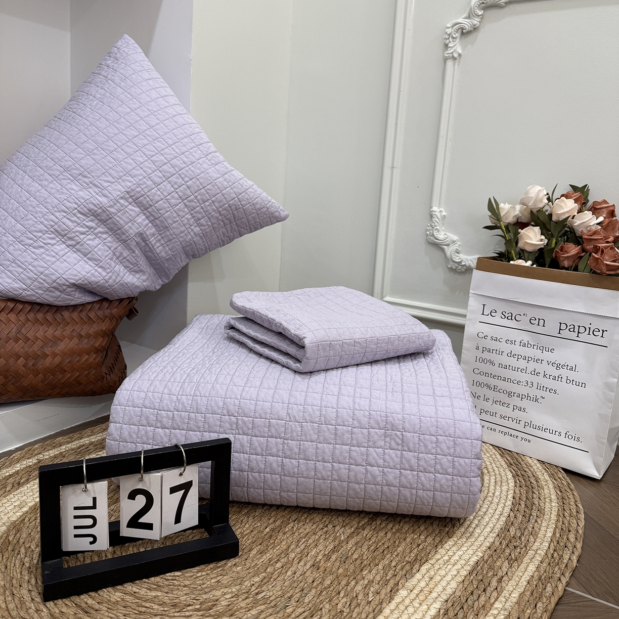 91家纺网 家纺一手货源 找家纺 床盖工厂店 2026新款双面全棉填充棉花面包格床盖三件套 面包格-千叶紫