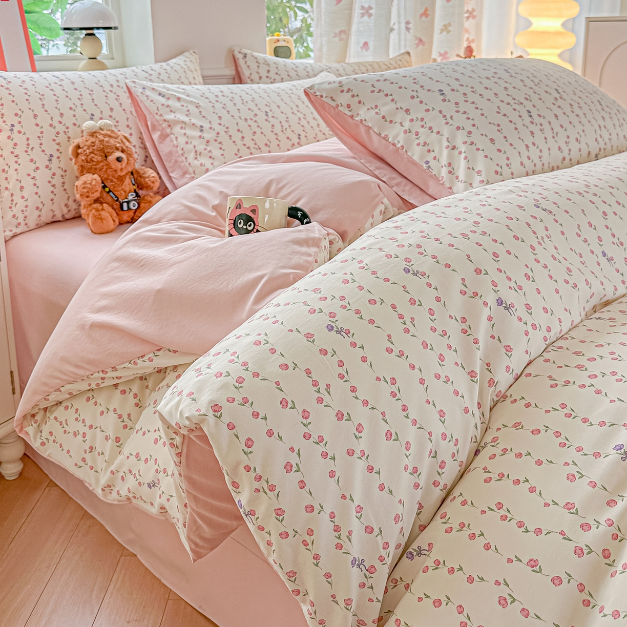 91家纺网 家纺一手货源 找家纺 （总）斯卡诺家纺 2026新款春夏古法水洗仿棉云感纱四件套小布袋五件套