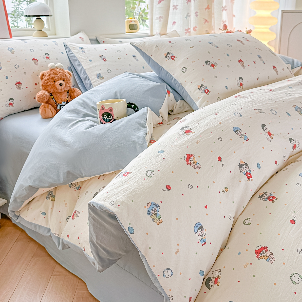 91家纺网 家纺一手货源 找家纺 （总）斯卡诺家纺 2026新款春夏古法水洗仿棉云感纱四件套小布袋五件套