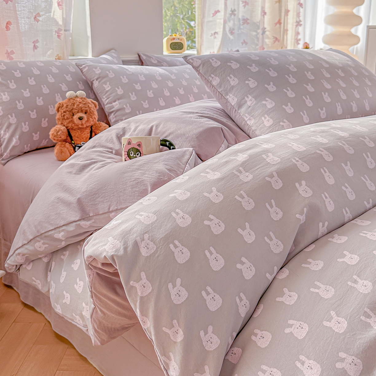 91家纺网 家纺一手货源 找家纺 （总）斯卡诺家纺 2026新款春夏古法水洗仿棉云感纱四件套小布袋五件套