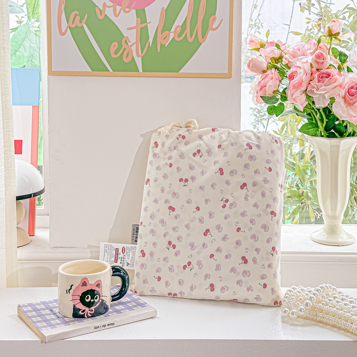 91家纺网 家纺一手货源 找家纺 斯卡诺家纺 2026新款春夏古法水洗仿棉云感纱四件套小布袋五件套 爱心樱桃