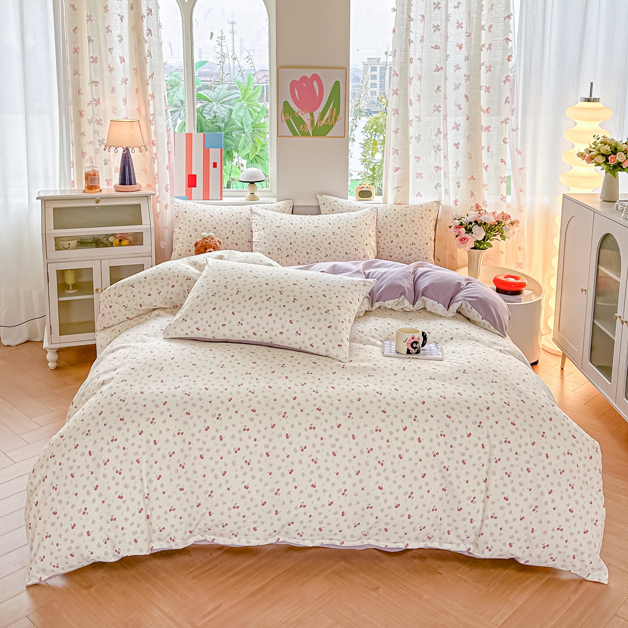 91家纺网 家纺一手货源 找家纺 斯卡诺家纺 2026新款春夏古法水洗仿棉云感纱四件套小布袋五件套 爱心樱桃