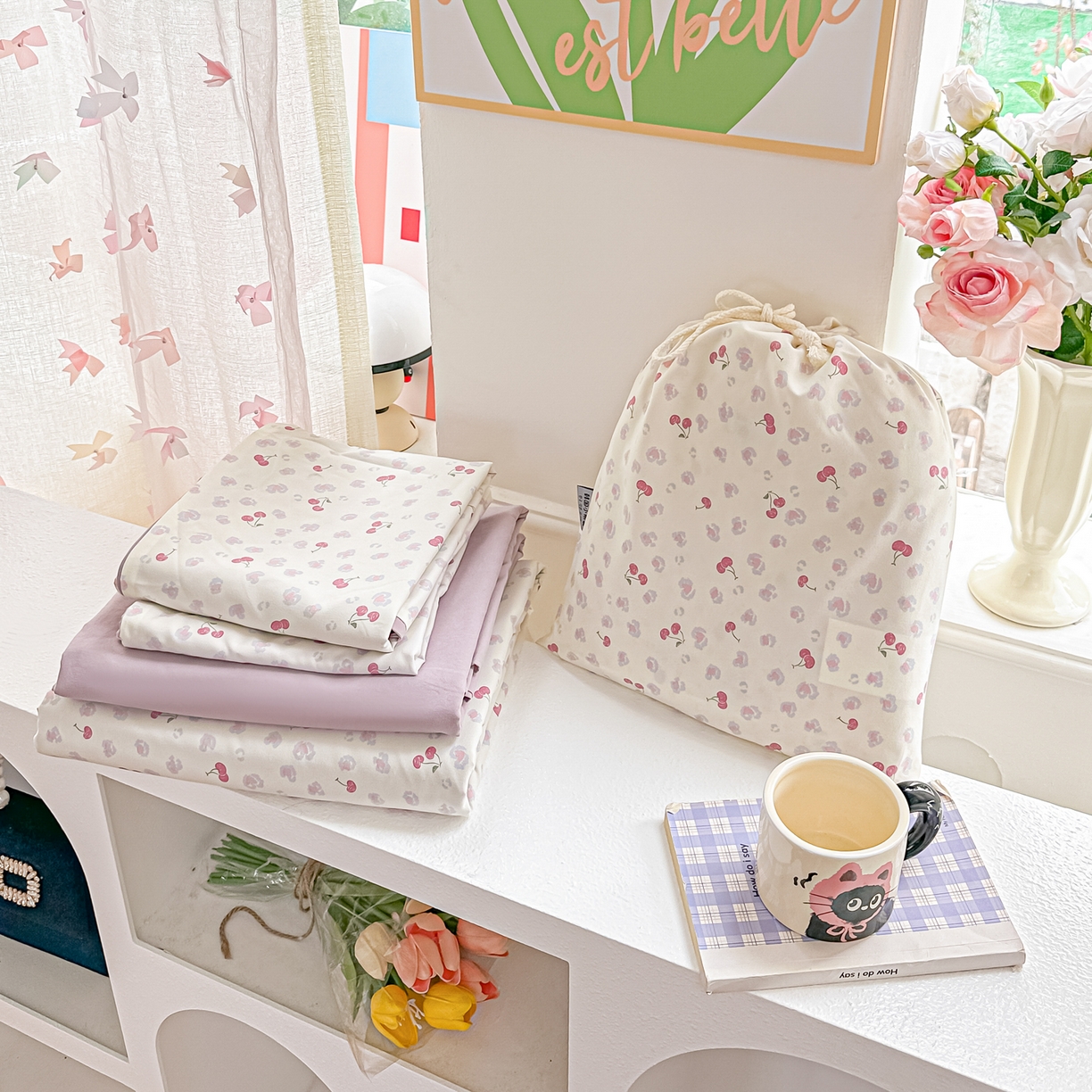 91家纺网 家纺一手货源 找家纺 斯卡诺家纺 2026新款春夏古法水洗仿棉云感纱四件套小布袋五件套 爱心樱桃