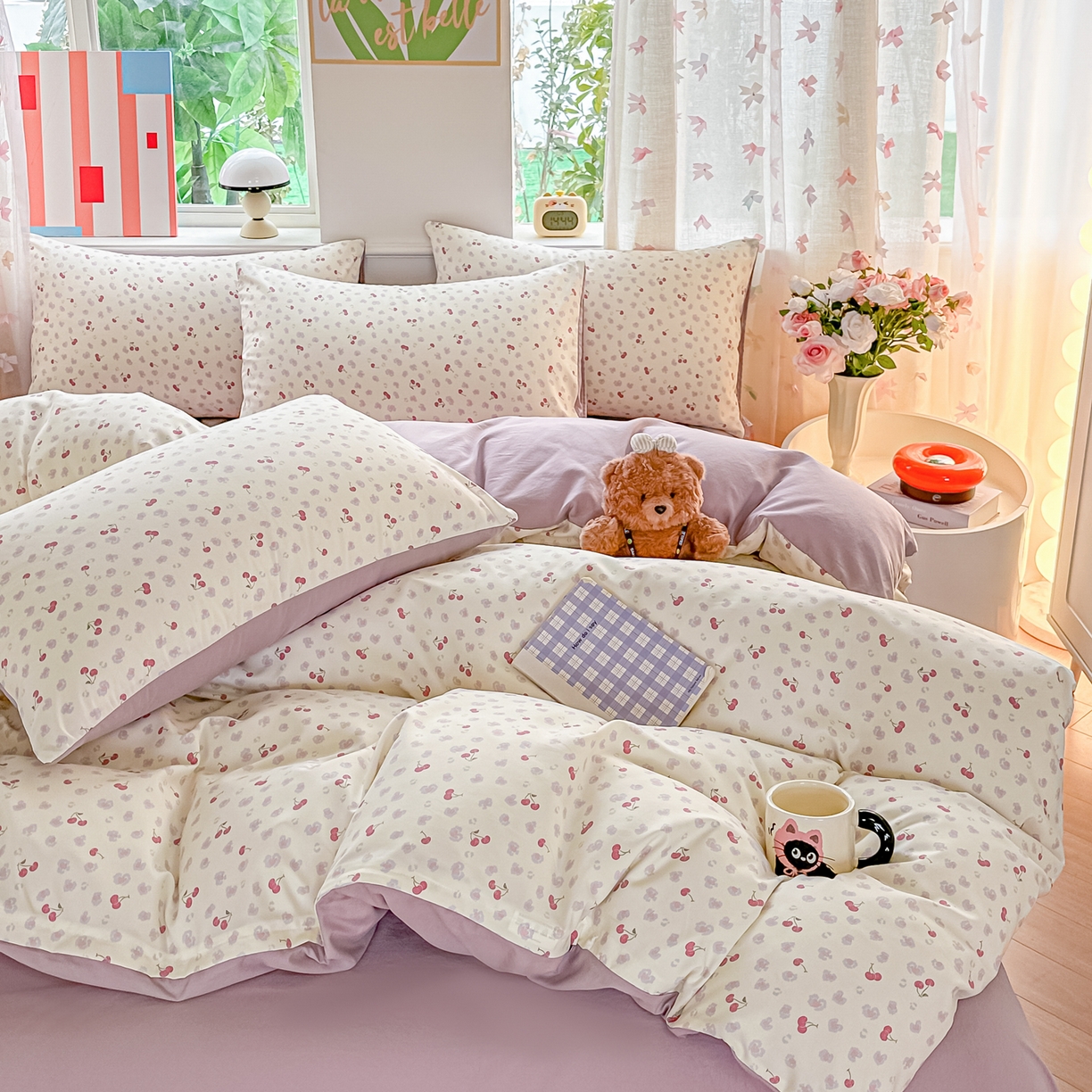 91家纺网 家纺一手货源 找家纺 斯卡诺家纺 2026新款春夏古法水洗仿棉云感纱四件套小布袋五件套 爱心樱桃