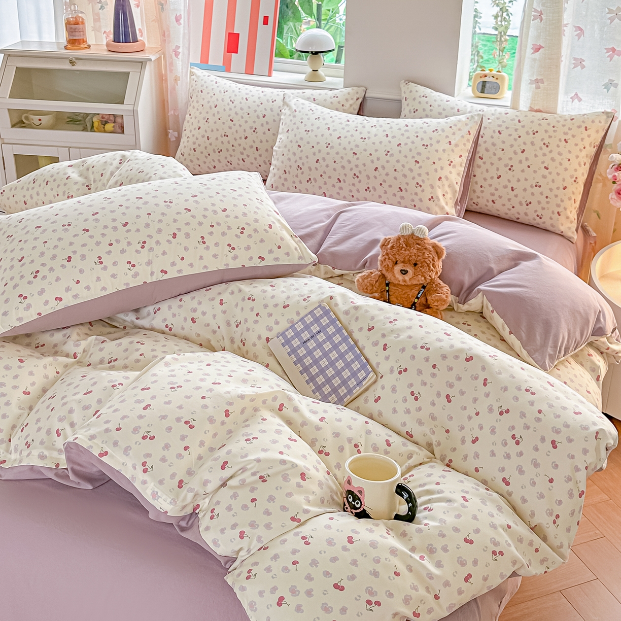 91家纺网 家纺一手货源 找家纺 斯卡诺家纺 2026新款春夏古法水洗仿棉云感纱四件套小布袋五件套 爱心樱桃