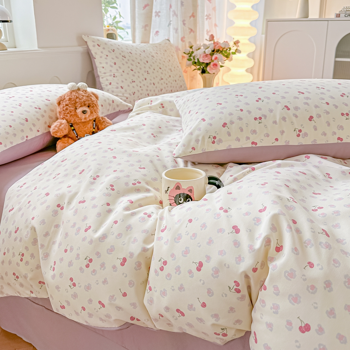 91家纺网 家纺一手货源 找家纺 斯卡诺家纺 2026新款春夏古法水洗仿棉云感纱四件套小布袋五件套 爱心樱桃