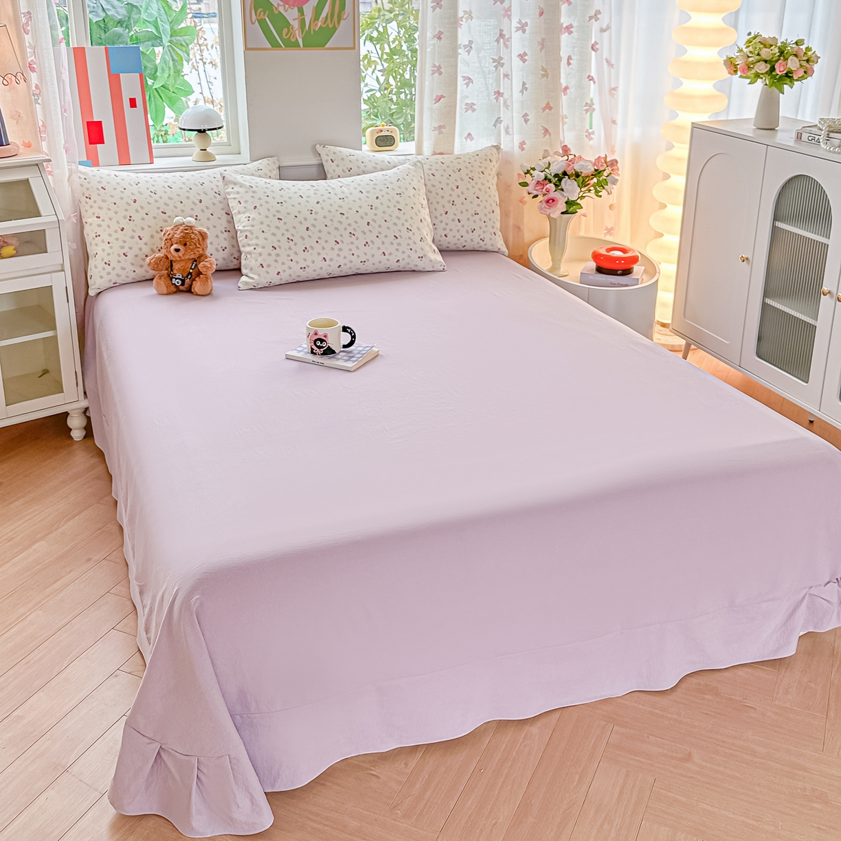 91家纺网 家纺一手货源 找家纺 斯卡诺家纺 2026新款春夏古法水洗仿棉云感纱四件套小布袋五件套 爱心樱桃