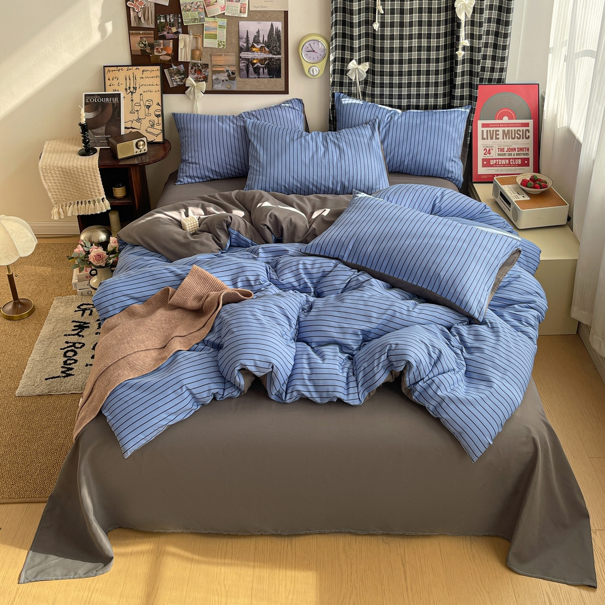 91家纺网 家纺一手货源 找家纺 赫然 2026新款水洗双层纱四件套 宝蓝黑条