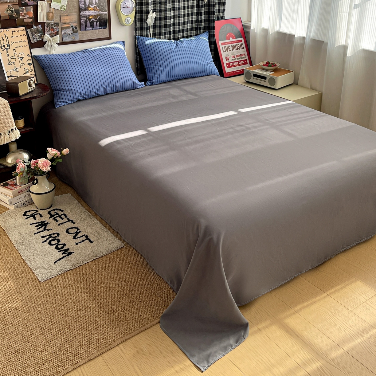 91家纺网 家纺一手货源 找家纺 赫然 2026新款水洗双层纱四件套 宝蓝黑条