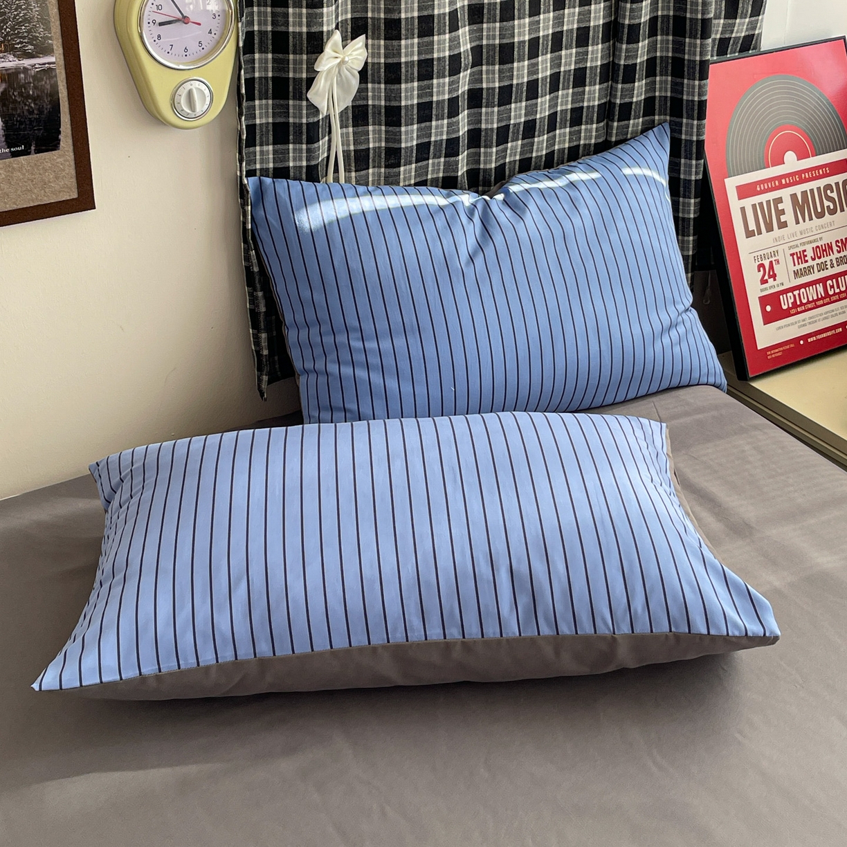 91家纺网 家纺一手货源 找家纺 赫然 2026新款水洗双层纱四件套 宝蓝黑条