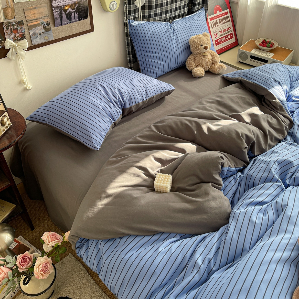 91家纺网 家纺一手货源 找家纺 赫然 2026新款水洗双层纱四件套 宝蓝黑条