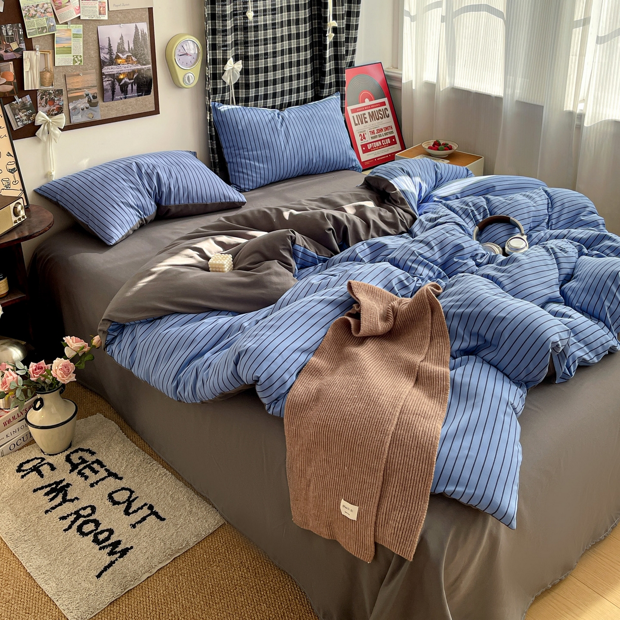 91家纺网 家纺一手货源 找家纺 赫然 2026新款水洗双层纱四件套 宝蓝黑条