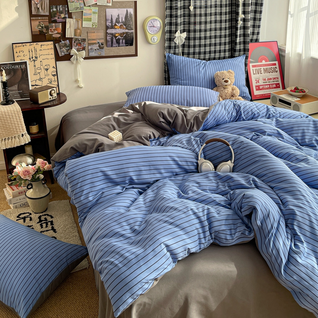 91家纺网 家纺一手货源 找家纺 赫然 2026新款水洗双层纱四件套 宝蓝黑条