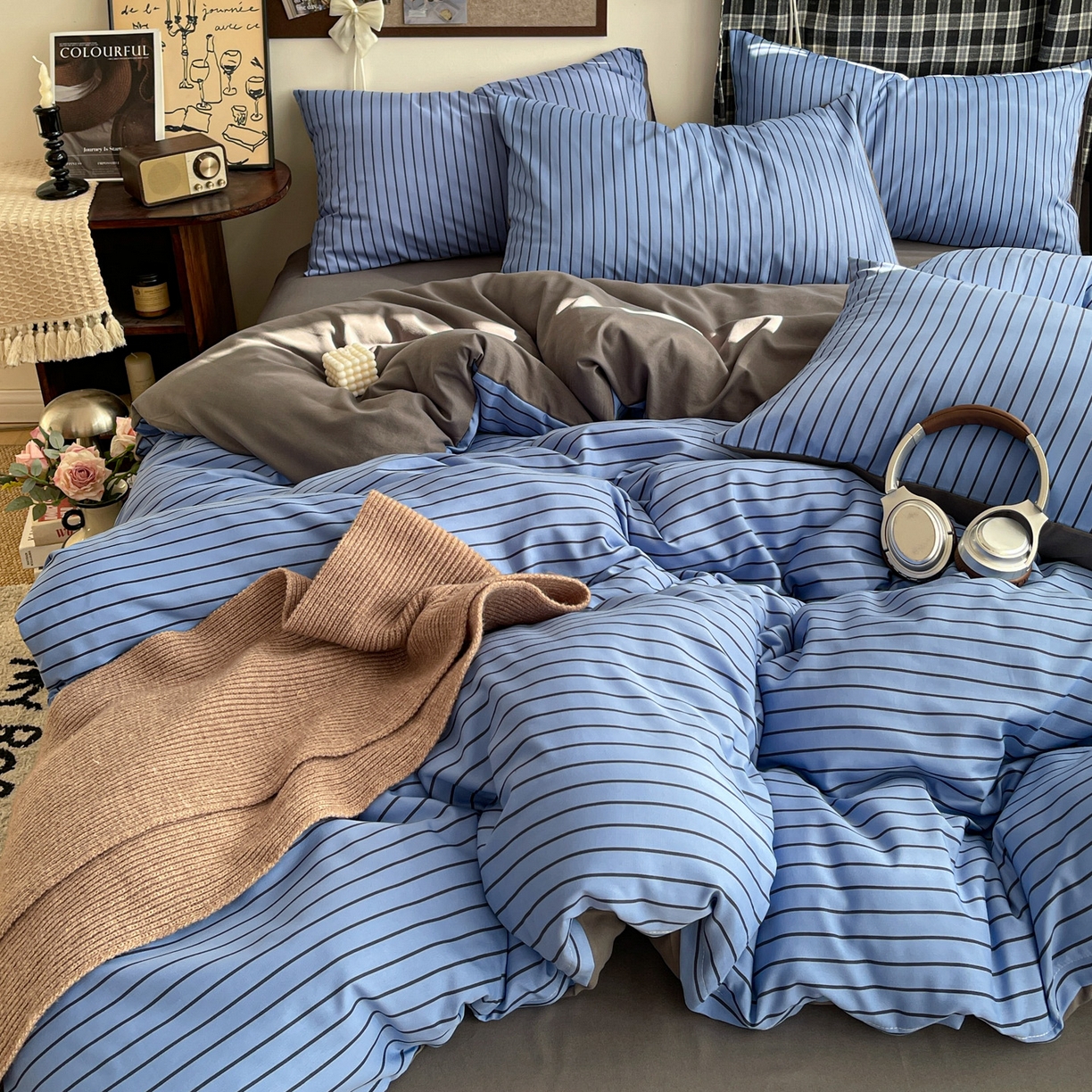 91家纺网 家纺一手货源 找家纺 赫然 2026新款水洗双层纱四件套 宝蓝黑条