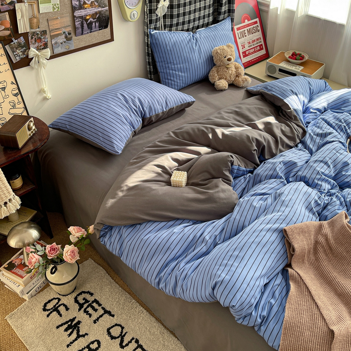 91家纺网 家纺一手货源 找家纺 赫然 2026新款水洗双层纱四件套 宝蓝黑条