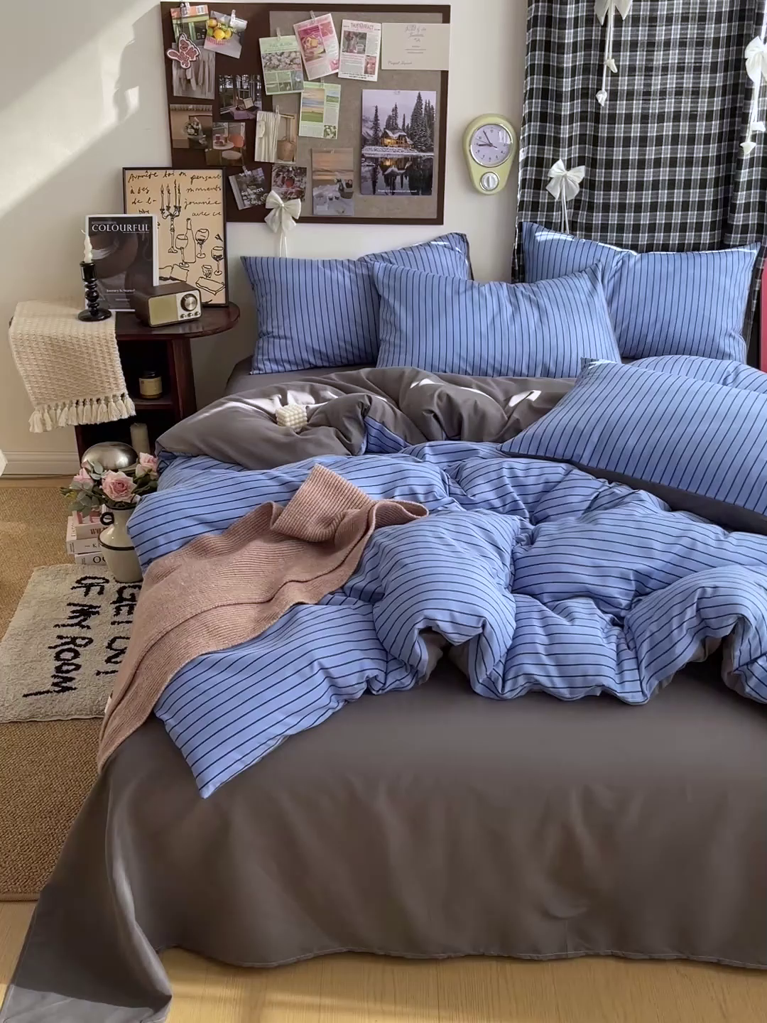 91家纺网 家纺一手货源 找家纺 赫然 2026新款水洗双层纱四件套 宝蓝黑条