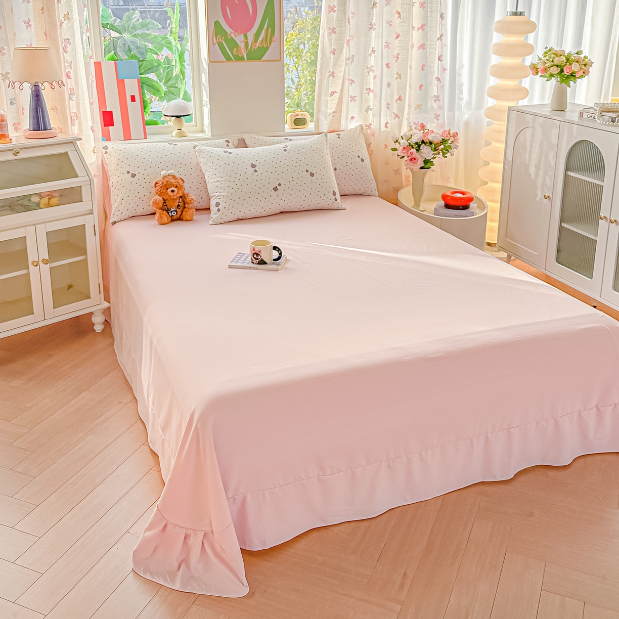 91家纺网 家纺一手货源 找家纺 斯卡诺家纺 2026新款春夏古法水洗仿棉云感纱四件套小布袋五件套 点点气球