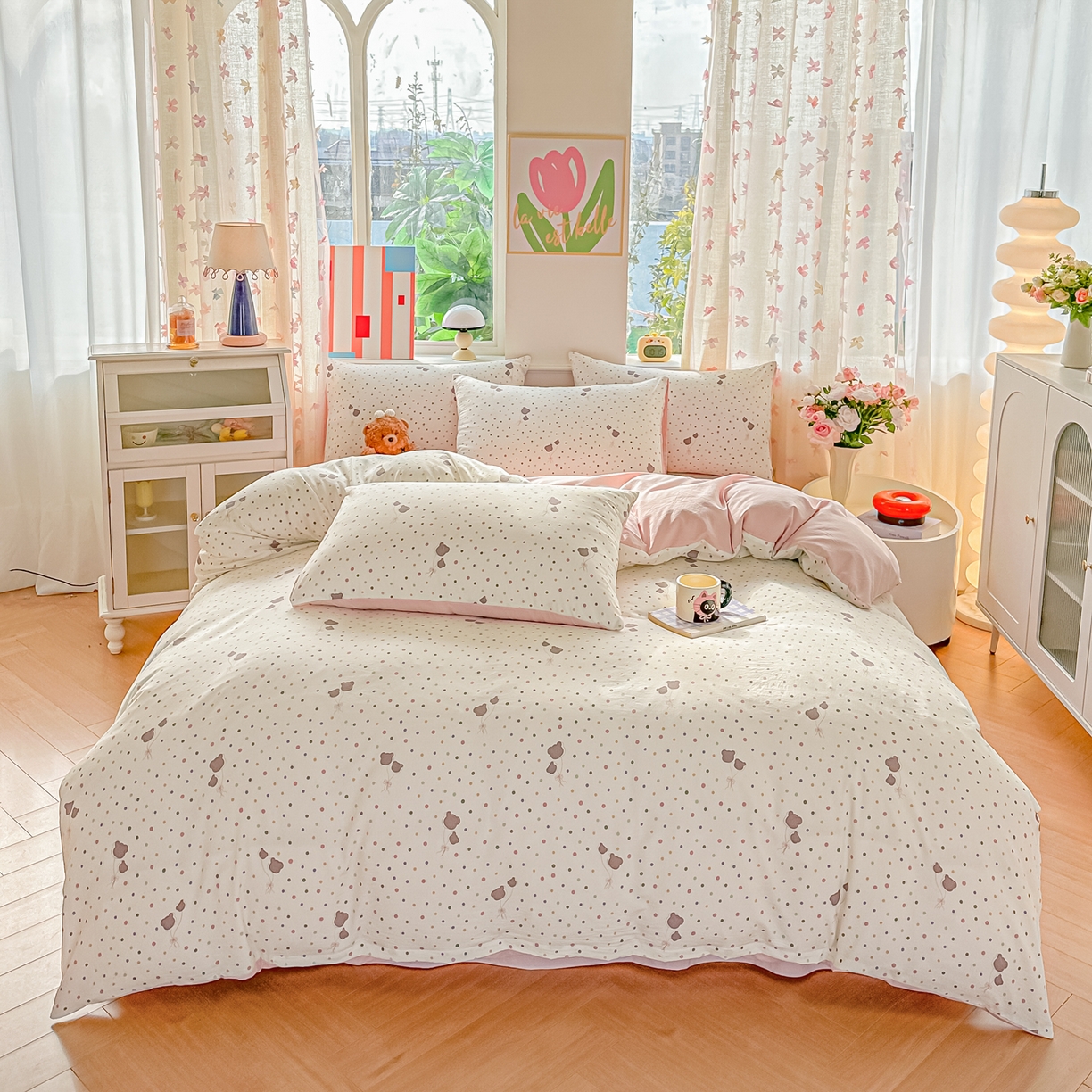 91家纺网 家纺一手货源 找家纺 斯卡诺家纺 2026新款春夏古法水洗仿棉云感纱四件套小布袋五件套 点点气球