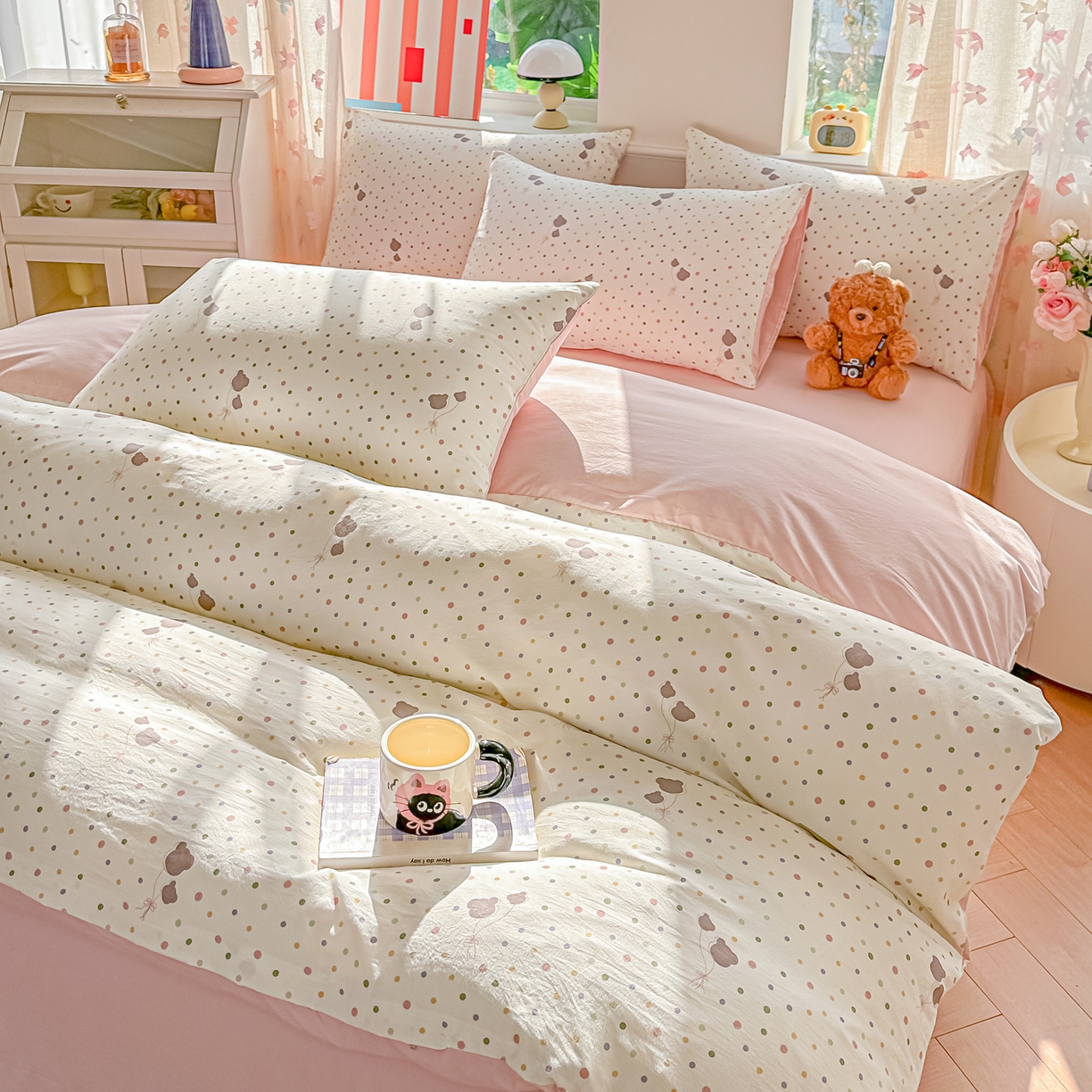 91家纺网 家纺一手货源 找家纺 斯卡诺家纺 2026新款春夏古法水洗仿棉云感纱四件套小布袋五件套 点点气球