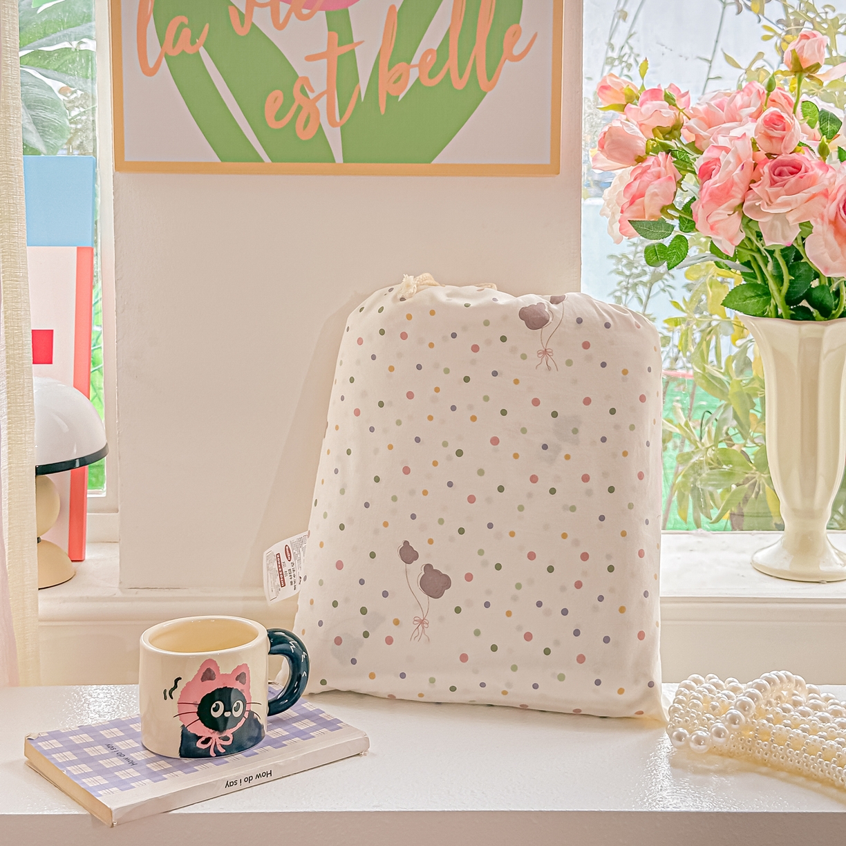 91家纺网 家纺一手货源 找家纺 斯卡诺家纺 2026新款春夏古法水洗仿棉云感纱四件套小布袋五件套 点点气球