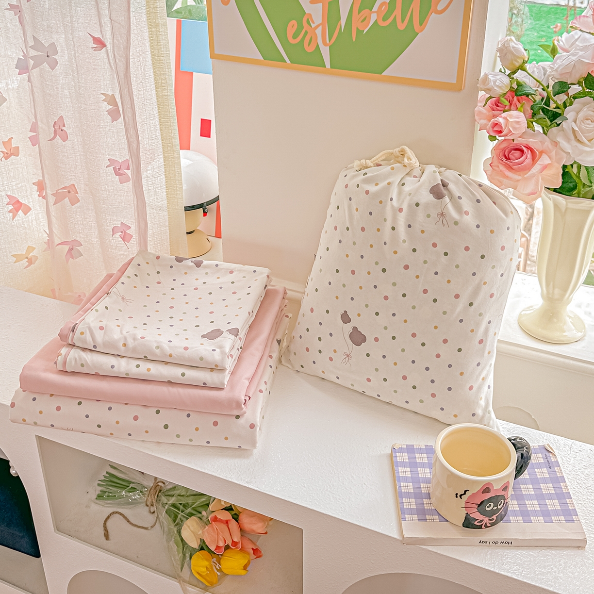 91家纺网 家纺一手货源 找家纺 斯卡诺家纺 2026新款春夏古法水洗仿棉云感纱四件套小布袋五件套 点点气球