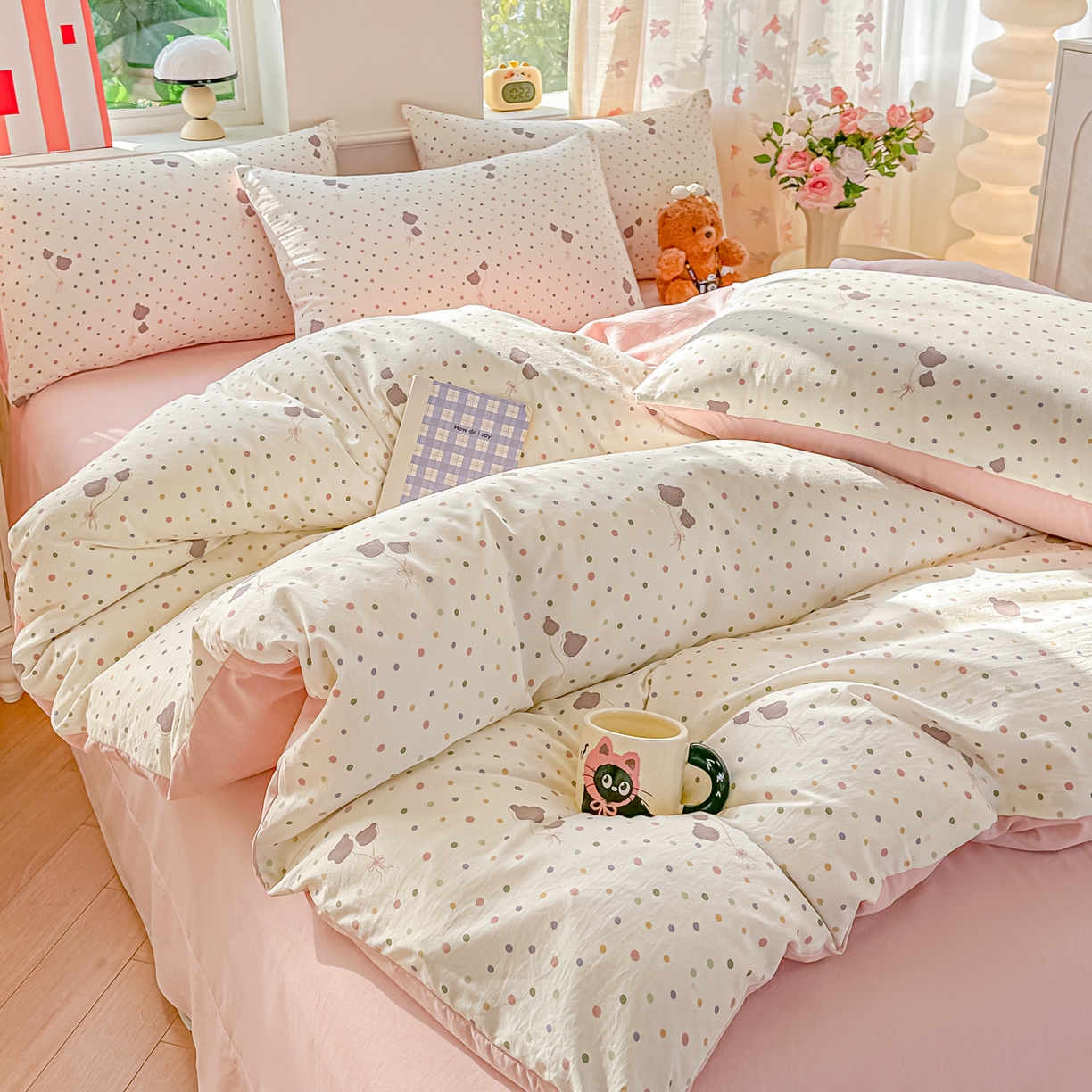 91家纺网 家纺一手货源 找家纺 斯卡诺家纺 2026新款春夏古法水洗仿棉云感纱四件套小布袋五件套 点点气球