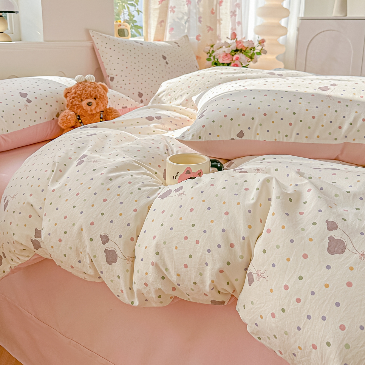 91家纺网 家纺一手货源 找家纺 斯卡诺家纺 2026新款春夏古法水洗仿棉云感纱四件套小布袋五件套 点点气球