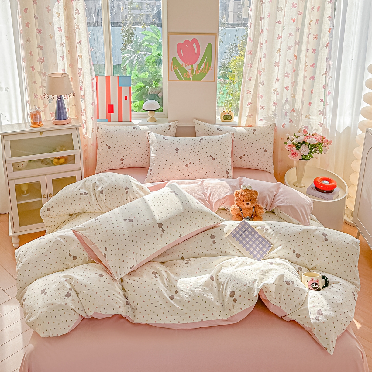 91家纺网 家纺一手货源 找家纺 斯卡诺家纺 2026新款春夏古法水洗仿棉云感纱四件套小布袋五件套 点点气球