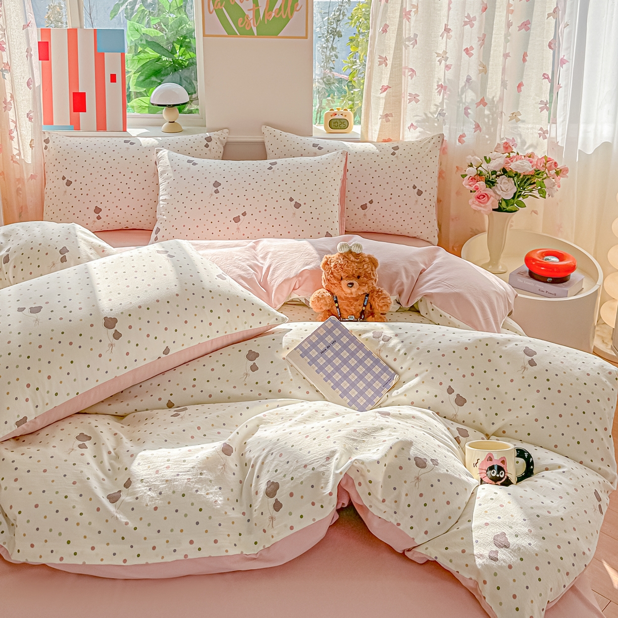 91家纺网 家纺一手货源 找家纺 斯卡诺家纺 2026新款春夏古法水洗仿棉云感纱四件套小布袋五件套 点点气球