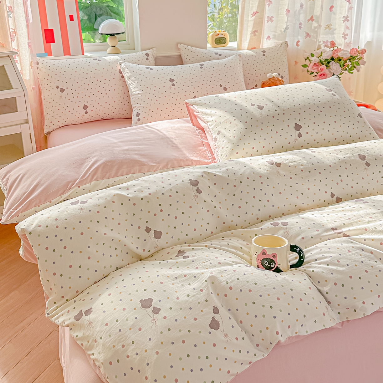 91家纺网 家纺一手货源 找家纺 斯卡诺家纺 2026新款春夏古法水洗仿棉云感纱四件套小布袋五件套 点点气球