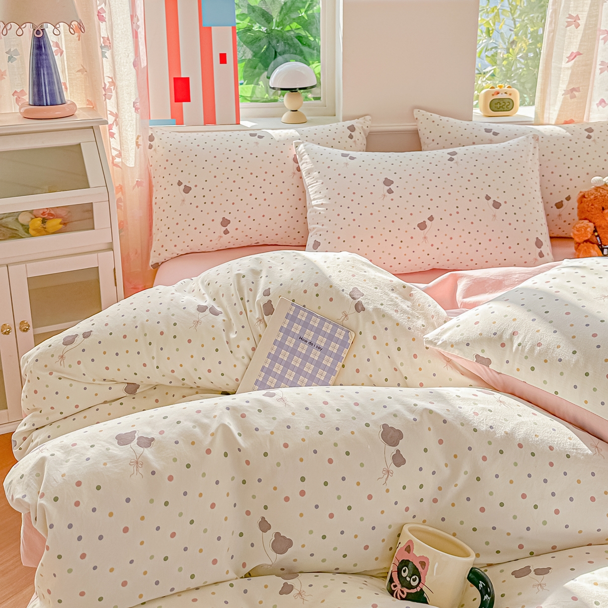 91家纺网 家纺一手货源 找家纺 斯卡诺家纺 2026新款春夏古法水洗仿棉云感纱四件套小布袋五件套 点点气球