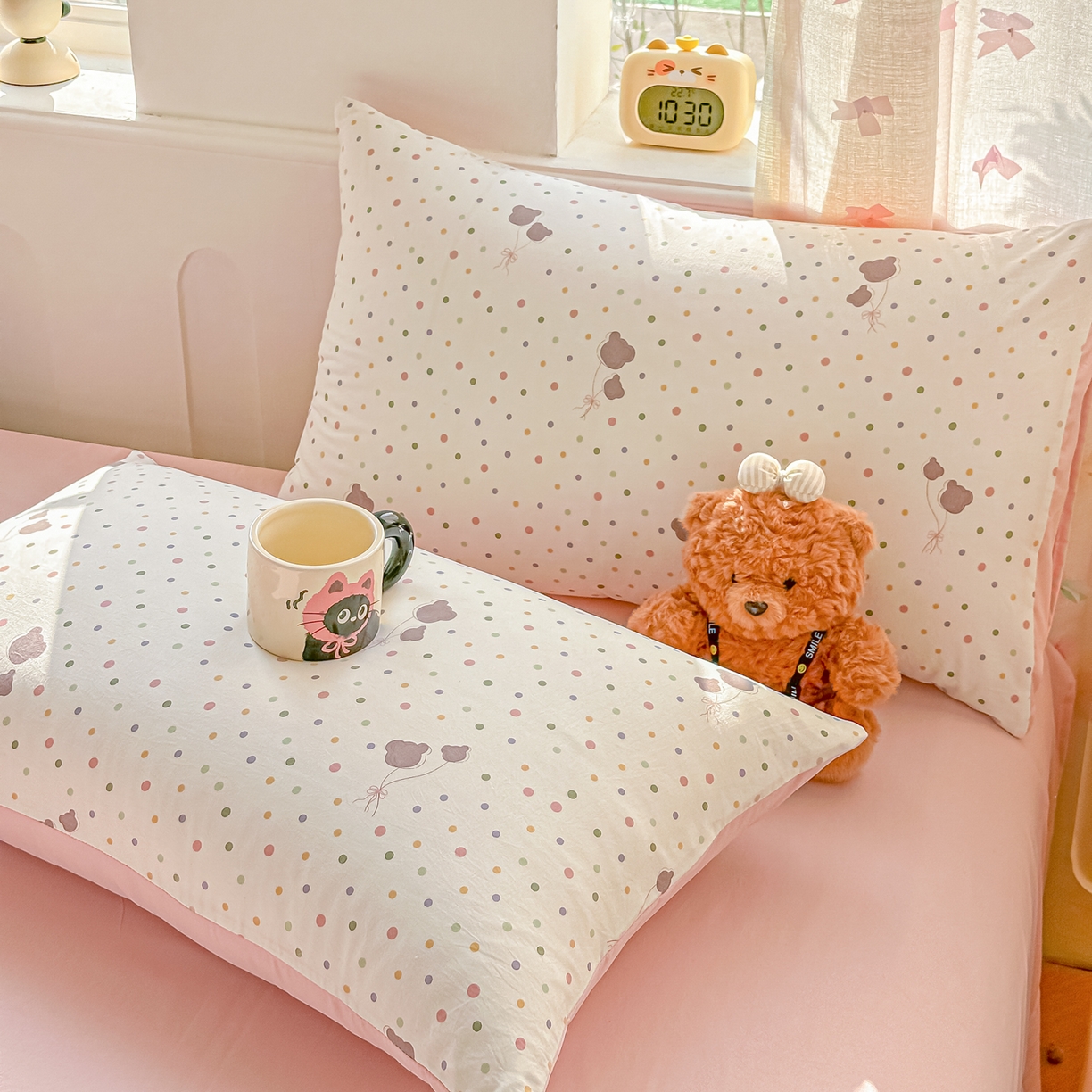 91家纺网 家纺一手货源 找家纺 斯卡诺家纺 2026新款春夏古法水洗仿棉云感纱四件套小布袋五件套 点点气球