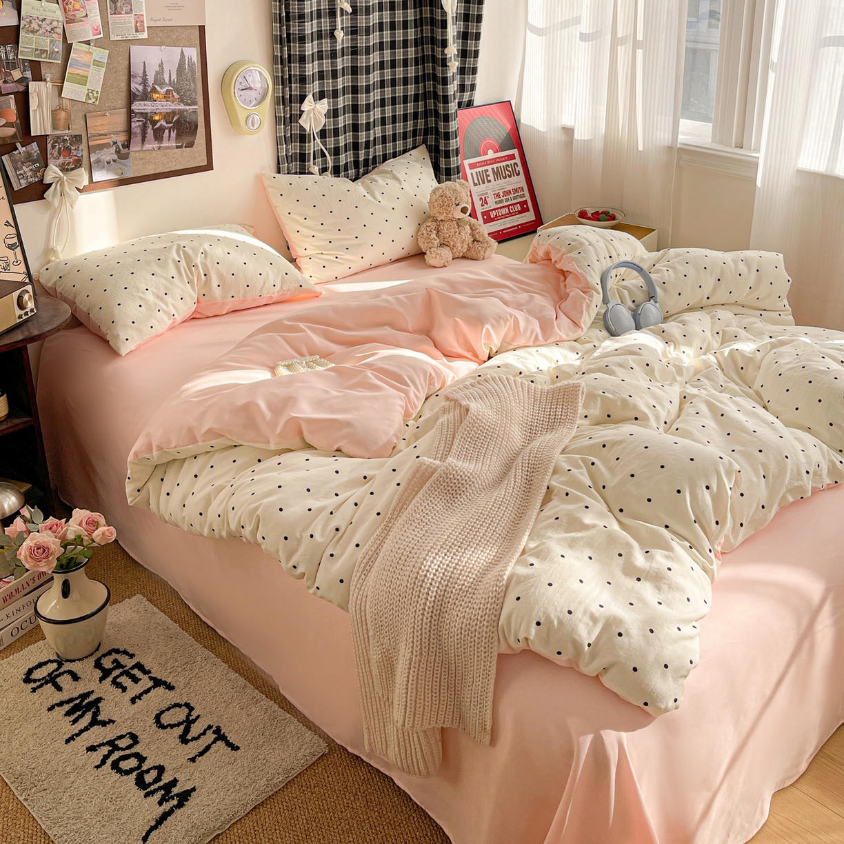 91家纺网 家纺一手货源 找家纺 赫然 2026新款水洗双层纱四件套 波点粉