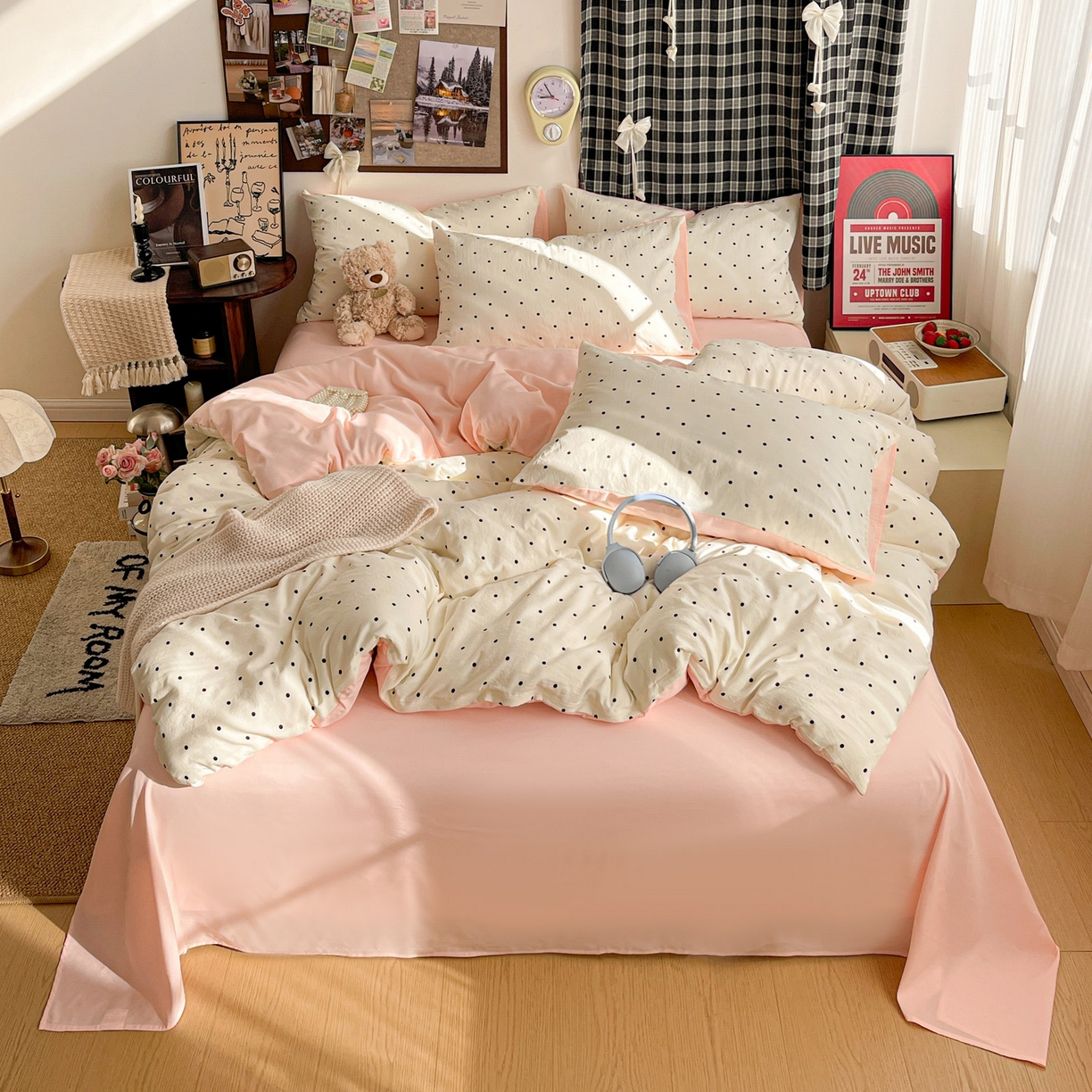 91家纺网 家纺一手货源 找家纺 赫然 2026新款水洗双层纱四件套 波点粉