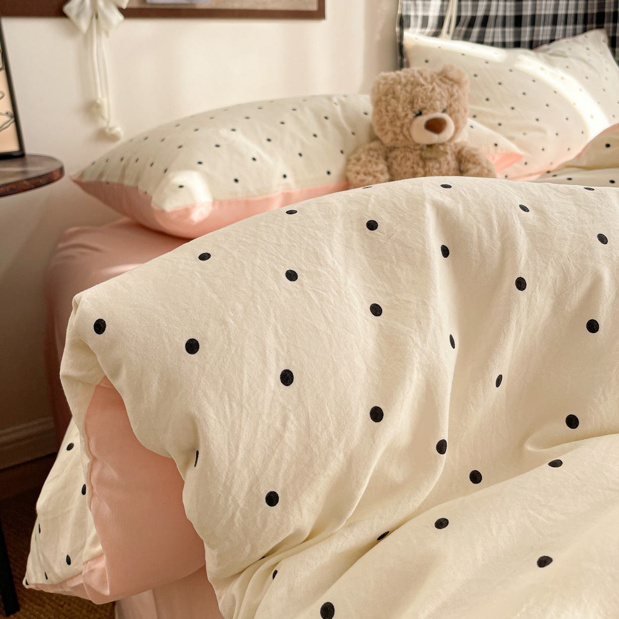 91家纺网 家纺一手货源 找家纺 赫然 2026新款水洗双层纱四件套 波点粉