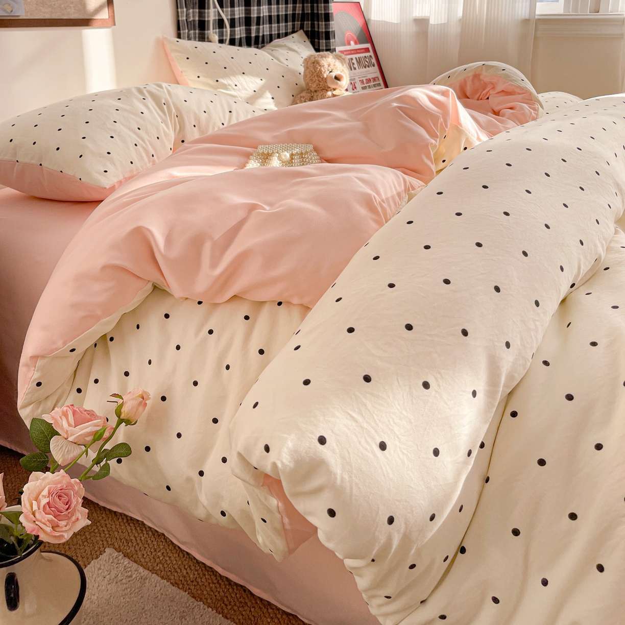 91家纺网 家纺一手货源 找家纺 赫然 2026新款水洗双层纱四件套 波点粉