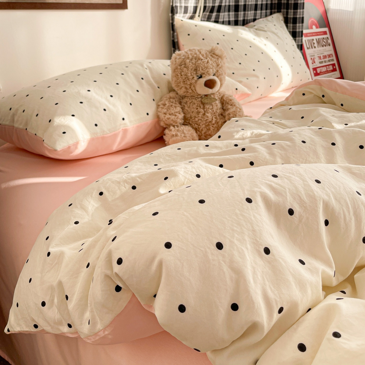 91家纺网 家纺一手货源 找家纺 赫然 2026新款水洗双层纱四件套 波点粉