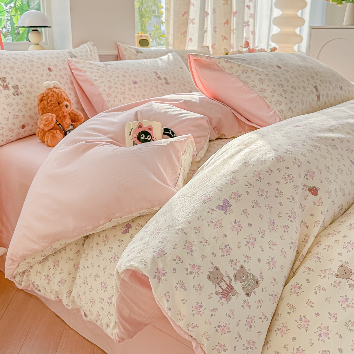 斯卡诺家纺 2026新款春夏古法水洗仿棉云感纱四件套小布袋五件套 哆咪熊