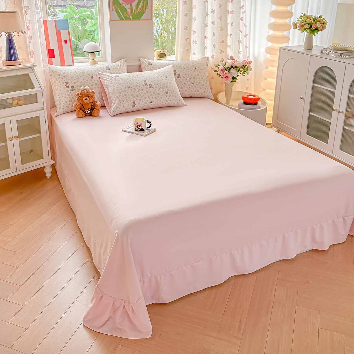 91家纺网 家纺一手货源 找家纺 斯卡诺家纺 2026新款春夏古法水洗仿棉云感纱四件套小布袋五件套 哆咪熊